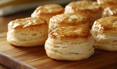 A close-up of freshly baked southern biscuits stacked on a wooden board, Generative AI