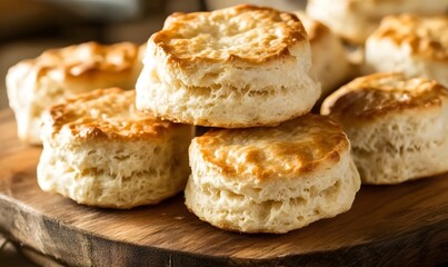 A close-up of freshly baked southern biscuits stacked on a wooden board, Generative AI