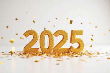 celebratory scene with 2025 in large glittering gold letters and confetti