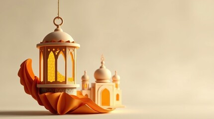 Obraz premium 3D render celebrating Ramadan Kareem. An Arabic lantern, a crescent moon, and a mosque portal are the focal points, crafted from textured papier-mâché in dynamic motion. Blurred background