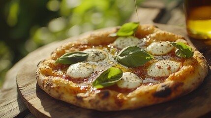 gourmet pizza on a wooden plate