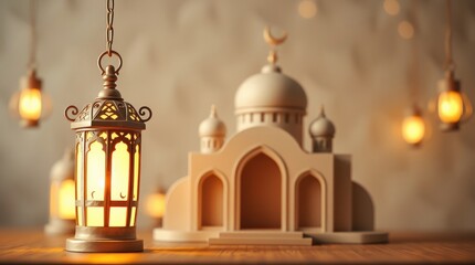 Obraz premium 3D render celebrating Ramadan Kareem. An Arabic lantern, a crescent moon, and a mosque portal are the focal points, crafted from textured papier-mâché in dynamic motion. Blurred background