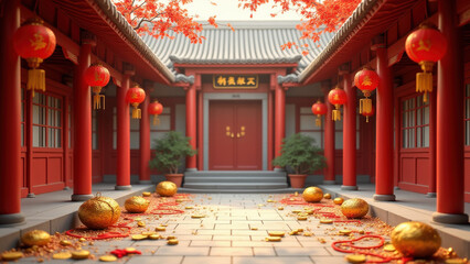 Obraz premium Chinese New Year Temple Courtyard - 3D renders
