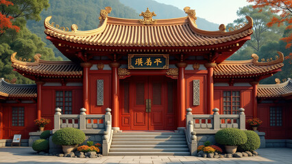 Fototapeta premium Chinese Temple, Asian Architecture, Red Gate - Peaceful and serene .