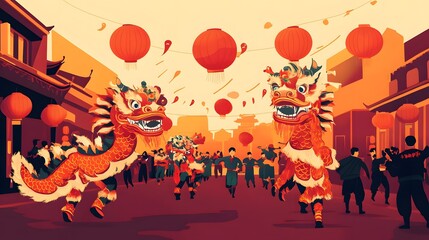 Vibrant dragon dance festival celebration urban street digital art festive atmosphere side view cultural heritage