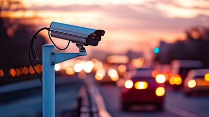 A mounted surveillance camera against a sunset backdrop, highlighting traffic safety and urban monitoring technology