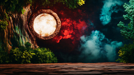 mystical scene featuring large, glowing moon embedded in tree trunk, surrounded by vibrant foliage and dramatic, colorful background