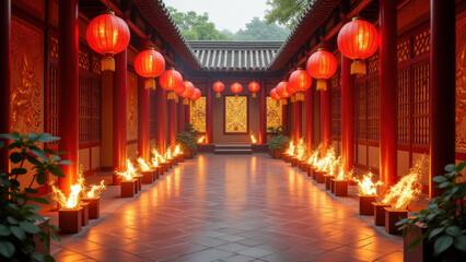 Naklejka premium Festive Chinese Lantern Courtyard - Cultural celebrations
