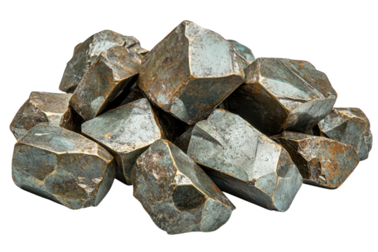 Beautiful rough iron pyrite crystals stacked together showcasing their metallic luster and geometric shapes