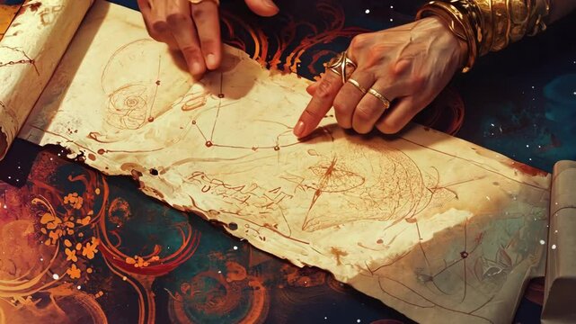Ancient scroll is unrolled on mystical background. Make hands adorned rings tracing constellations symbols on paper parchment. Magic exploration. Adventure, discovery, mythology. Game design.