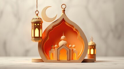 Obraz premium 3D render celebrating Ramadan Kareem. An Arabic lantern, a crescent moon, and a mosque portal are the focal points, crafted from textured papier-mâché in dynamic motion. Blurred background
