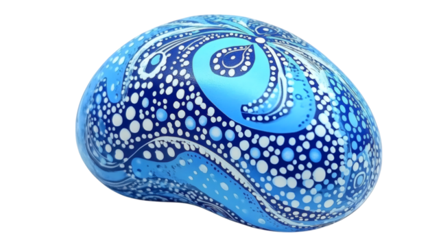 Abstract Blue and White Dot Painting on a Smooth Stone, isolated on transparent background