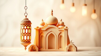Obraz premium 3D render celebrating Ramadan Kareem. An Arabic lantern, a crescent moon, and a mosque portal are the focal points, crafted from textured papier-mâché in dynamic motion. Blurred background