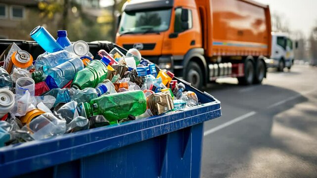 A blue bin full of plastic waste is filled with various types and colors, such as bottles, packaging materials, glassware, paper, and aluminum cans.