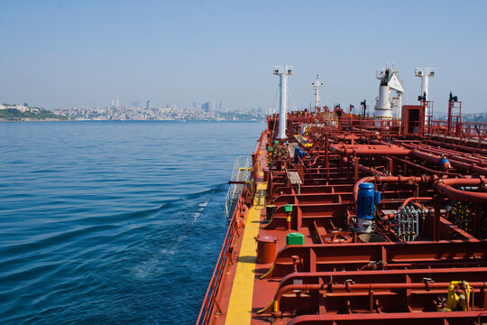 Red oil, chemical tanker entering Bosporus strait in Turkey