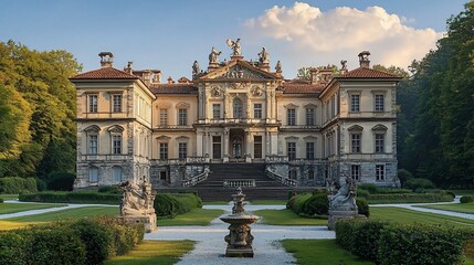 Fototapeta premium Majestic Italian villa with grand facade, manicured gardens, and stone sculptures at sunset.