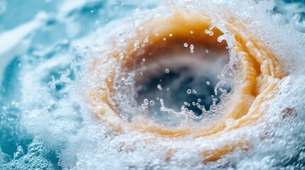 A dynamic close-up of a swirling water vortex with splashing droplets, showcasing the raw power and beauty of water in motion. The vibrant mix of blue and golden hues creates a mesmerizing effect