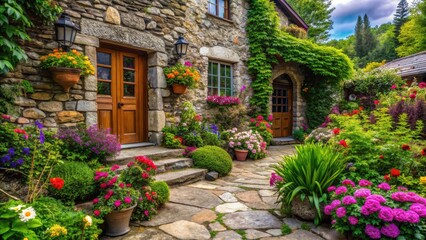 Rustic Stone House with Inviting Walkway Leading to Front Door - Macro Photography of Architecture and Nature