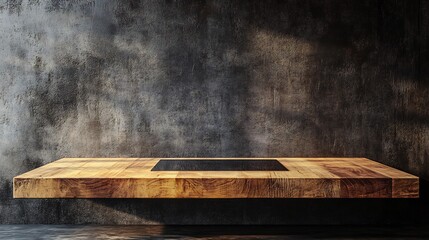 Beautifully crafted wood countertop in a modern kitchen set against a dark concrete wall background This empty wooden table serves as a 3D podium for product advertising perfect for design mockups