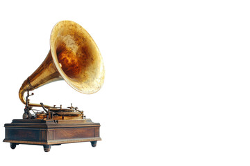 Vintage gramophone resting on an elegant wooden base with a wide horn