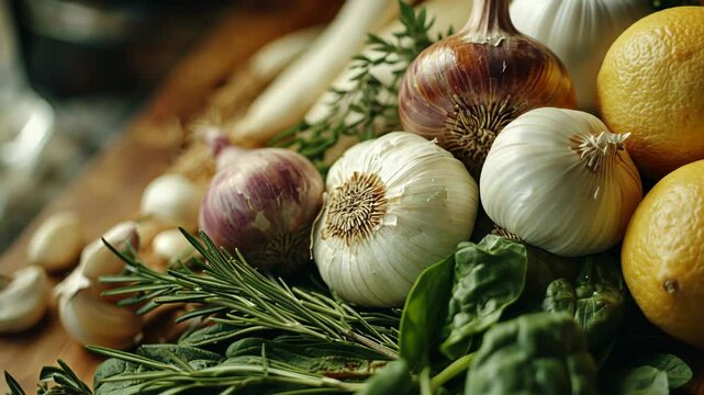 A close-up of various vegetables, including garlic and onions on the table. Onions, rosemary leaves, green spinach leaves, lemons, white garlic cloves, and other ingredients 