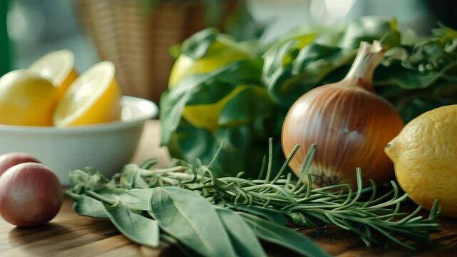A close-up of various vegetables, including garlic and onions on the table. Onions, rosemary leaves, green spinach leaves, lemons, white garlic cloves, and other ingredients 