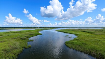 Summer lake landscape with lush vegetation