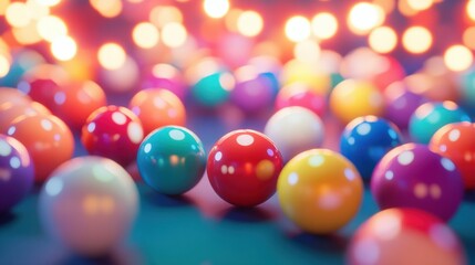 A colorful arrangement of billiard balls scattered on a well-lit table, creating a vibrant and playful background