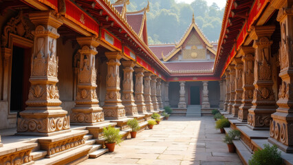 Obraz premium Intricate Asian Temple Architecture Columns - Architectural Detail.