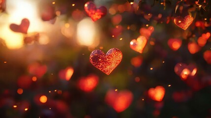 Glowing hearts float at sunset in a blurred garden background, ideal for romance