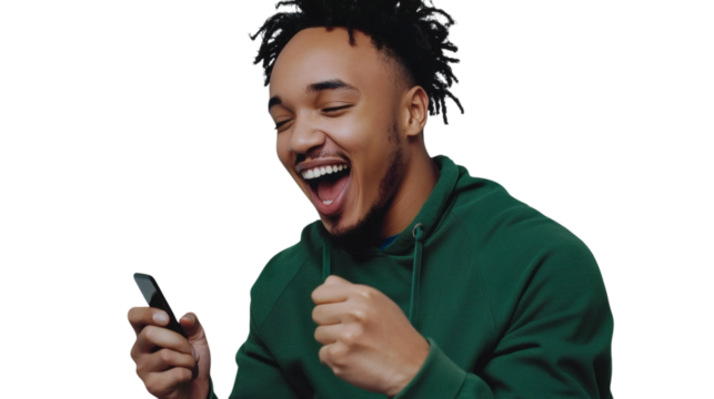 Joyful Man Reacting to Phone News, Ecstatic Expression, Green Hoodie, isolated on transparent background