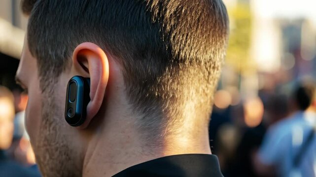 Close-up of the ear and body, wearing a black shirt with a thick collar. A man is using walkie-talkies for communication in security control or crowd management 