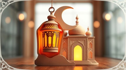 Obraz premium 3D render celebrating Ramadan Kareem. An Arabic lantern, a crescent moon, and a mosque portal are the focal points, crafted from textured papier-mâché in dynamic motion. Blurred background