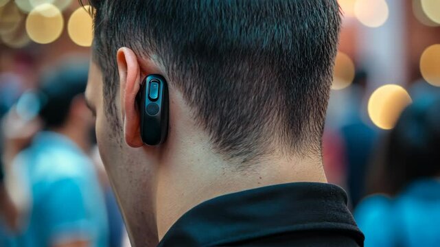 Close-up of the ear and body, wearing a black shirt with a thick collar. A man is using walkie-talkies for communication in security control or crowd management 