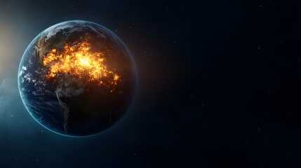 Fototapeta premium A glowing Earth in space, with fiery regions indicating areas of concern, showcasing the planet's vulnerability and the impact of human activities.