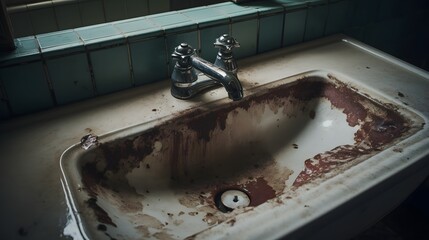 Bathroom Sink with Toothpaste Stains and Soap Residue   Unclean Domestic Household Fixture Showcasing Everyday Hygiene Routine