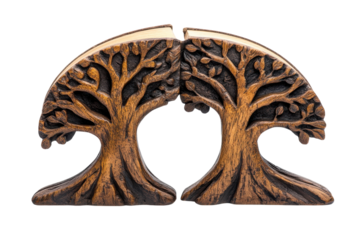 Unique decorative wooden bookends shaped like trees showcasing intricate carvings and natural wooden finish