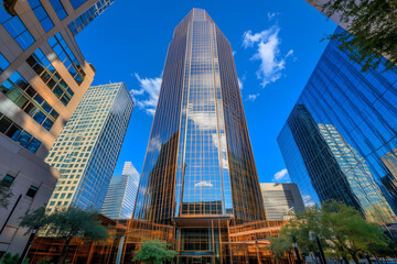 Obraz premium Modern Skyscrapers Against a Blue Sky