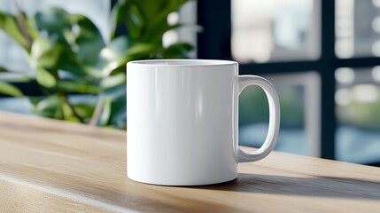 Blank White Mug on Wooden Table with Natural Light