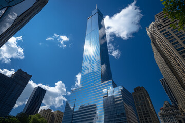 Naklejka premium Modern Skyscrapers Against a Blue Sky