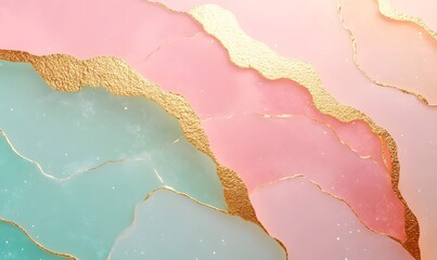 Abstract pastel pink, mint, and gold liquid art background.