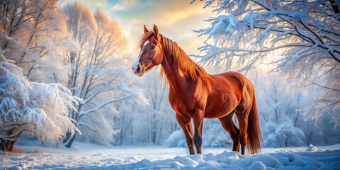Stunning Portrait of a Beautiful Red Horse in a Winter Landscape, Capturing Urban Exploration Photography Elements with Frosty Background 