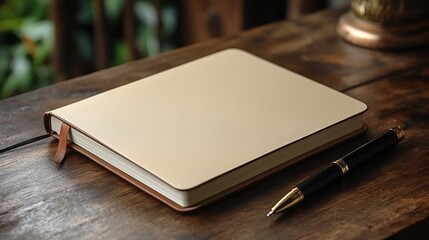 Elegant Beige Leather Notebook and Pen on Wooden Desk