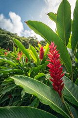 Obraz premium red and yellow flower, Vibrant green leaves of Red Ginger Alpinia surround a striking red flower with delicate petals, adding a pop of color to a lush tropical scene