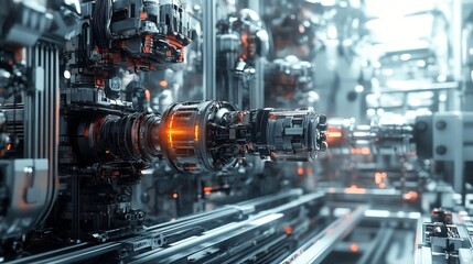 Intricate metallic machinery glows brightly under dramatic lighting. AI Generated