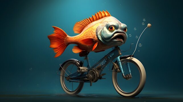 A whimsical surreal depicting a goofy looking fish riding a bicycle underwater in a vibrant colorful marine environment showcasing a unique and imaginative concept