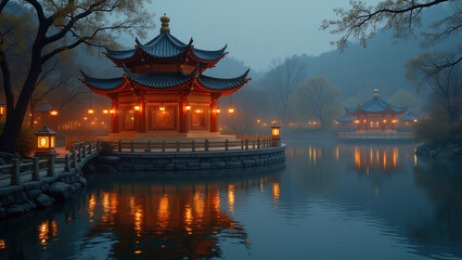 Obraz premium Serene Chinese Garden at Dusk - Moody