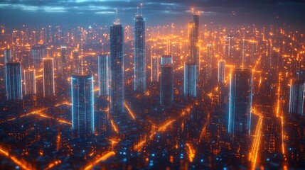 Fototapeta premium Futuristic city skyline at night, illuminated with orange and blue lights.