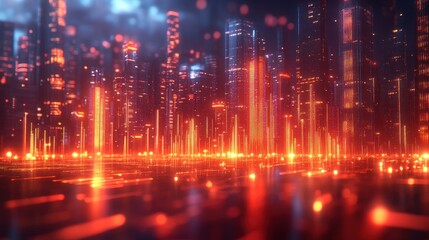 Fototapeta premium Futuristic city skyline at night with glowing lights reflecting on water.