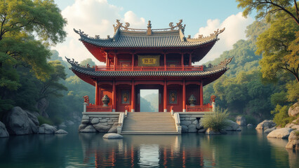 Naklejka premium Serene Chinese Pavilion Lakeside Temple - Asian aesthetics